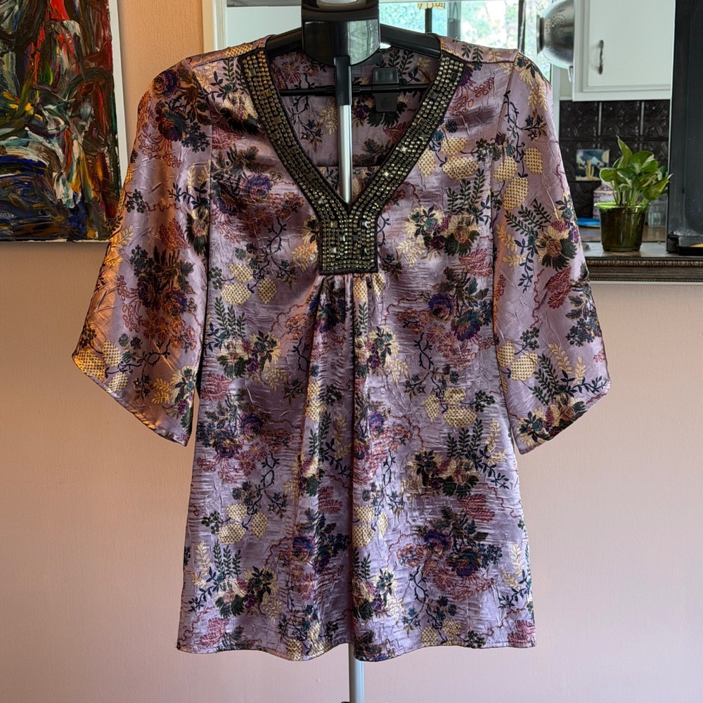Purple Floral Silky Beaded V-Neck Flutter Sleeve Boho Blouse Large